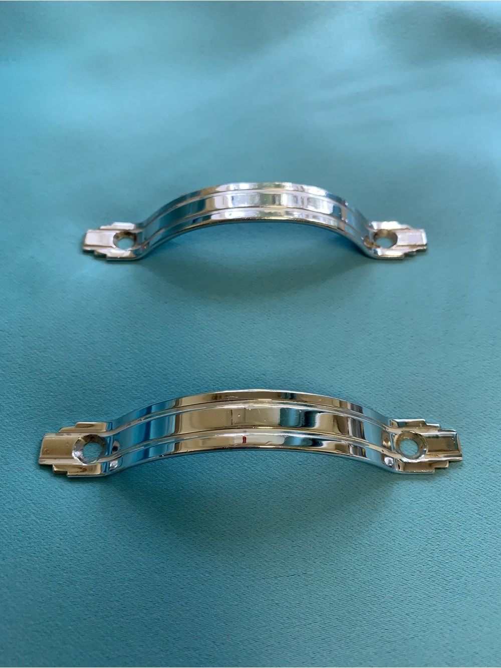 Chrome Art Deco Cabinet Drawer Pulls 1940's Double Lines Set of 2